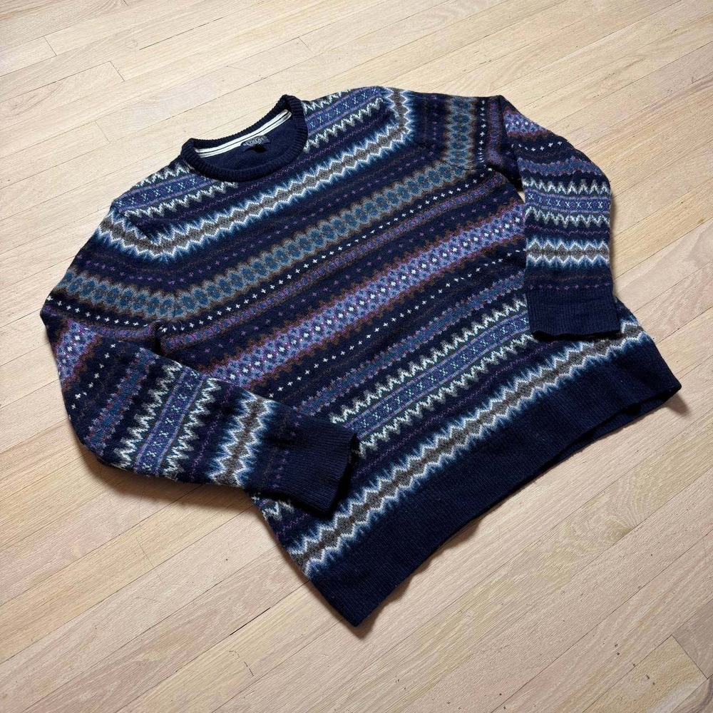 Retreat Fair Isle Crewneck Sweater Navy Blue Purple Nordic Knit Women Large